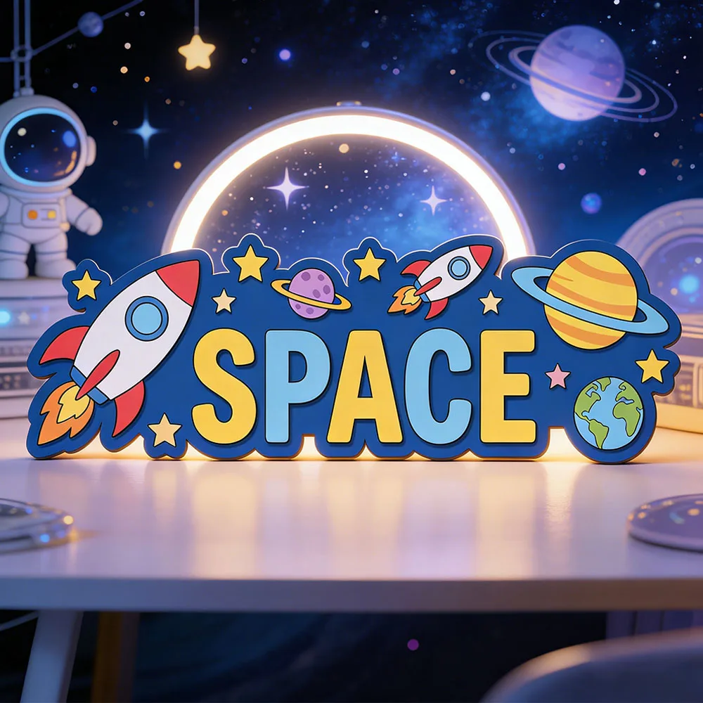 Custom Space Rocket Planet Name Door Sign for Kids Bedroom Personalized Galaxy Themed Wooden Nursery Plaque