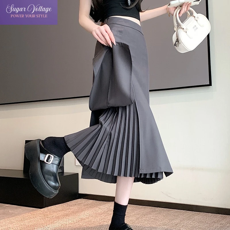 

Sweet Cool Korean Style Pleated Midi Skirt Women High Waist Split Office Lady Suit Skirt Straight Fit Summer Chic Office Clothes