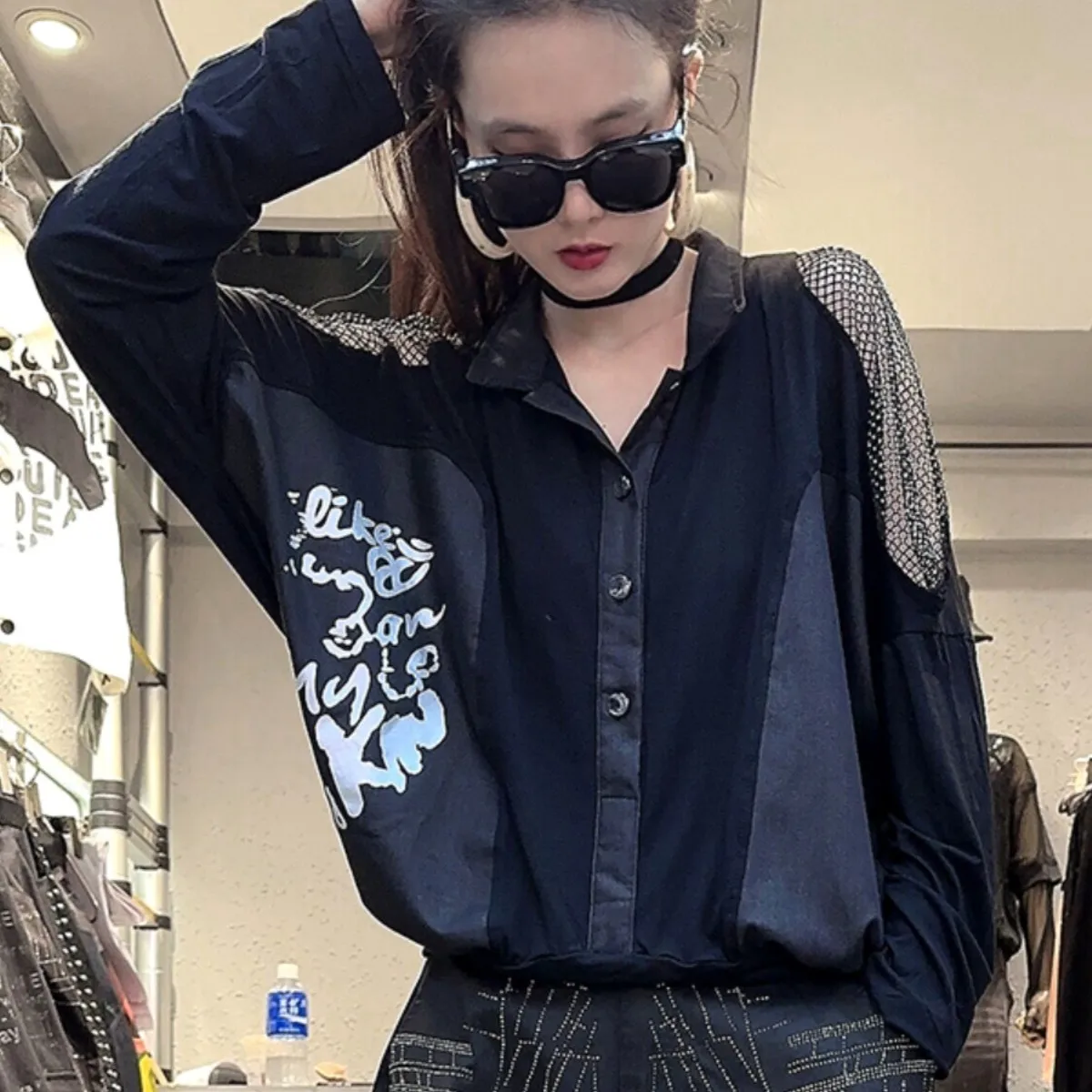 

Personalized Heavy Industry Long Sleeve Black Shirt Women 2024 Spring Autumn Loose Top Trendy Splicing LX1401