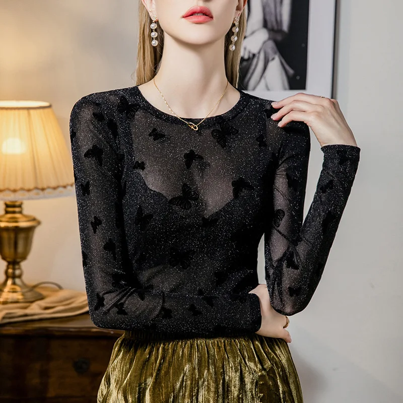 Boweylun Herbst Neue Schmetterling Strömten Glänzende Seide Mesh Langarm T-Shirt Weibliche Dünne frauen Bottom Shirt Tops