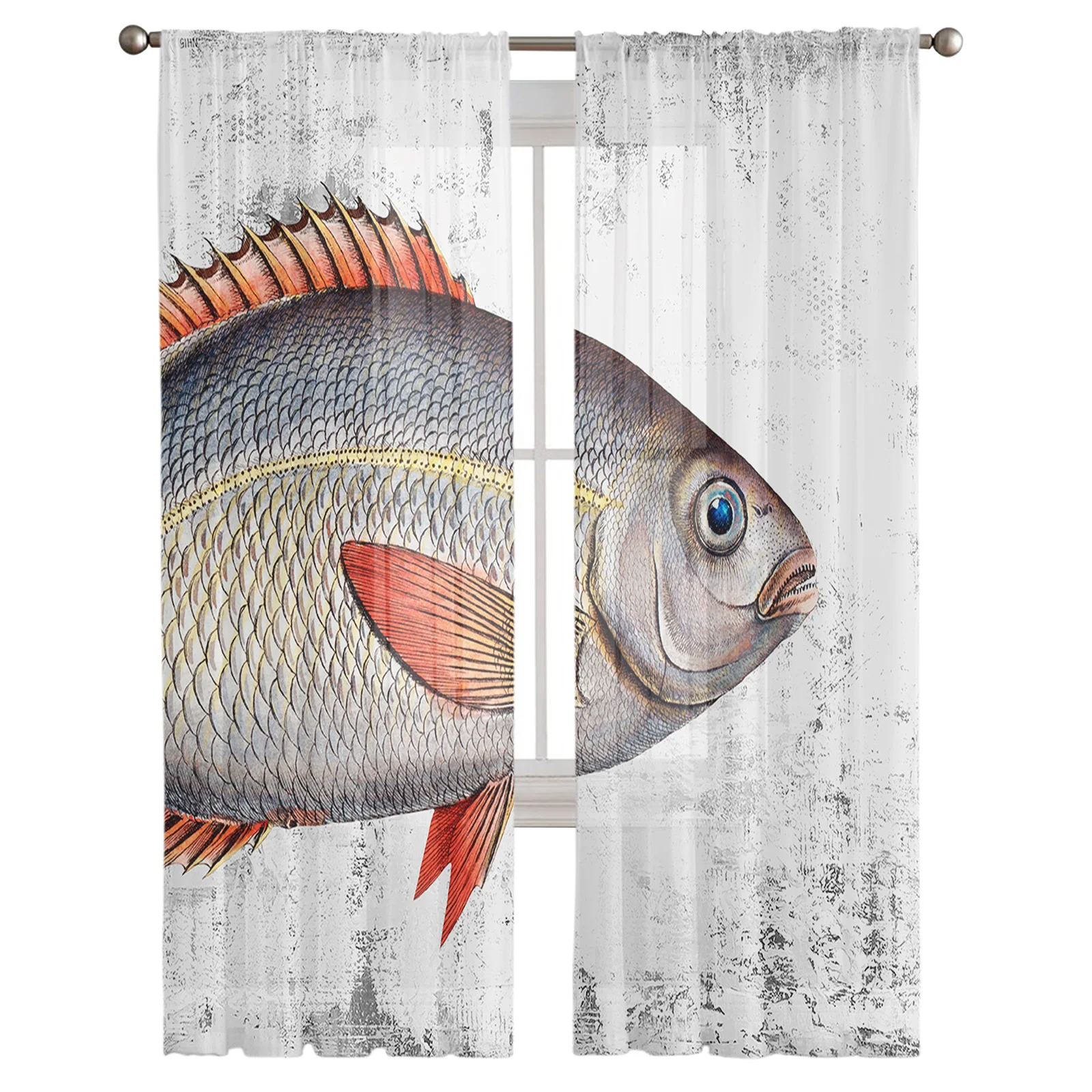 Vintage Mottled Oil Painting Fish Sheer Curtains Living Room Window Tulle Curtains Bedroom Veiling Curtains Decor Luxury Drapes