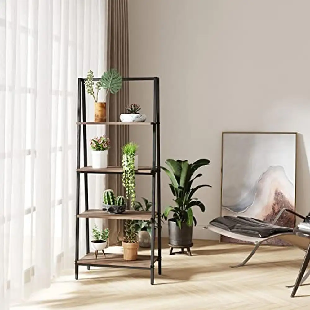 

4-Tier Industrial Style Display Storage Bookcase Metal Pipes Back Wooden Board Stable Open Shelves Green Plants Decorations