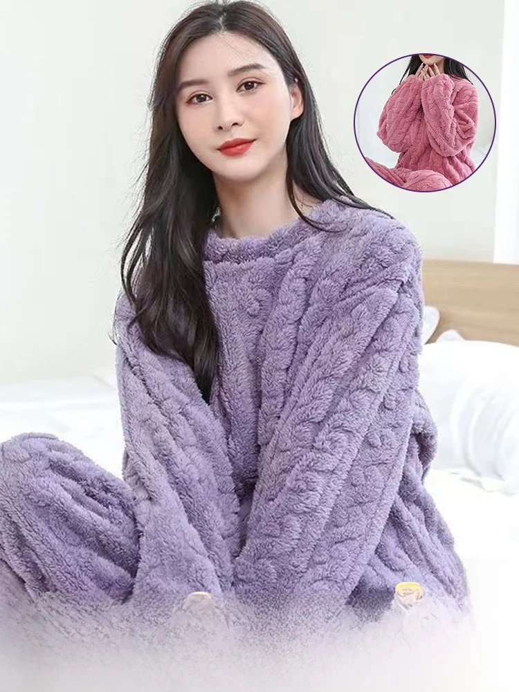 

Женская пижама Coral Fce Thiened Flannel Spwear Комплект зимней домашней одежды большого размера Long Sve round Ne Soft Polye...