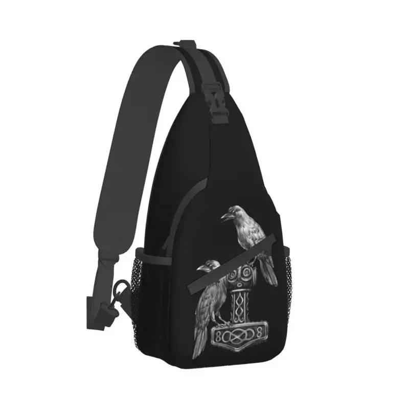 Cool Hammer Mjolnir With Ravens Crossbody Sling Backpack Men Norse God Shoulder Chest Bags for Camping Biking