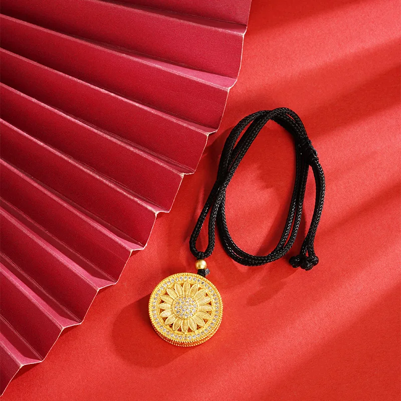 

Luxury 24K 9999 Pure Gold real gold Women's sunflower pendant black rope