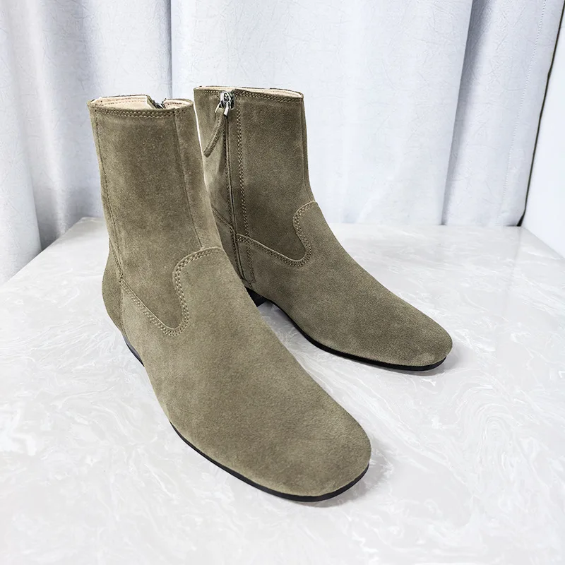 Dave&di Autumn Minimalist Cow Suede Leather Square Toe Thick Heel Middle  Retro Boots Look Slim Side Zipper Ankle Boots Woman