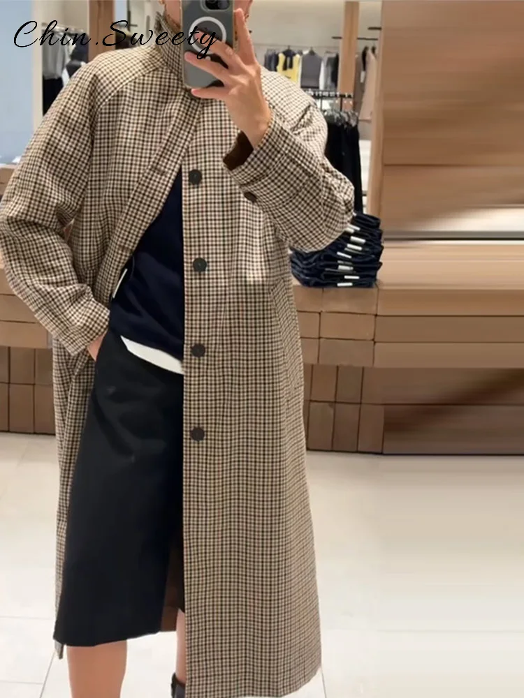 

Elegant Fur Collar Reversible Plaid Long Trench Coat Women Lapel Full Sleeve Single Breasted Coats 2025 Autumn Lady Chic Outwear