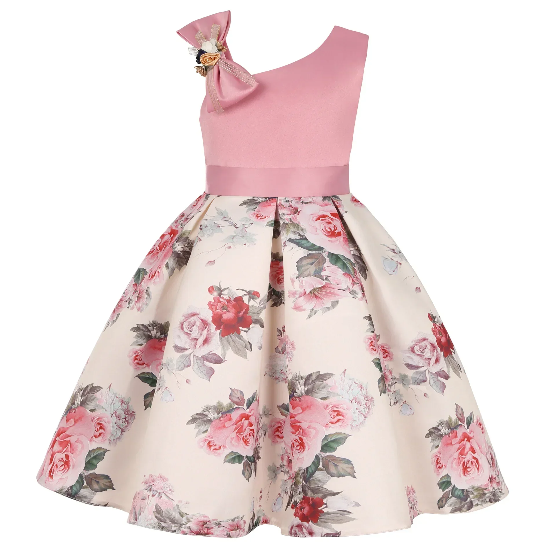 Vestido de hombro Diagonal para niñas, bonito vestido con estampado Floral de princesa, sin mangas, disfraz de fiesta a la moda, primavera y verano