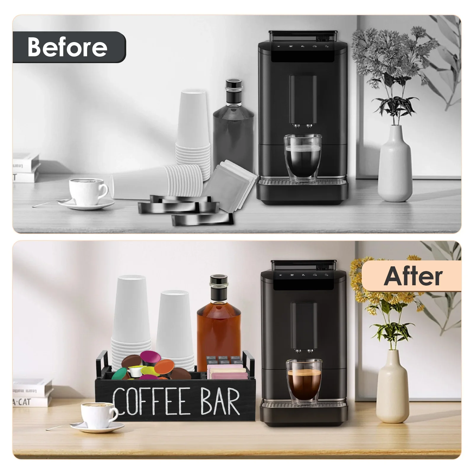 Wooden Coffee Bar Organizer 4-Grid Coffee Station Countertop Storage Box for Storage Stacked Coffee Cup,Creamers,Coffee Tools