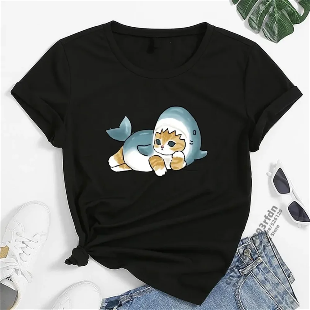 Women T-shirt Cute Shark Cat Funny Cartoon T-shirt Harajuku Graphic Ulzzang T-shirt 90s Print T-shirt Fashion Aesthetic Top Tee