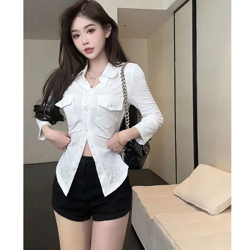 Summer Women White Solid Shirt All-Match Basic Style Hot Girl Silhouette Tailored Waist Design Slim Luxury Premium Texture Top