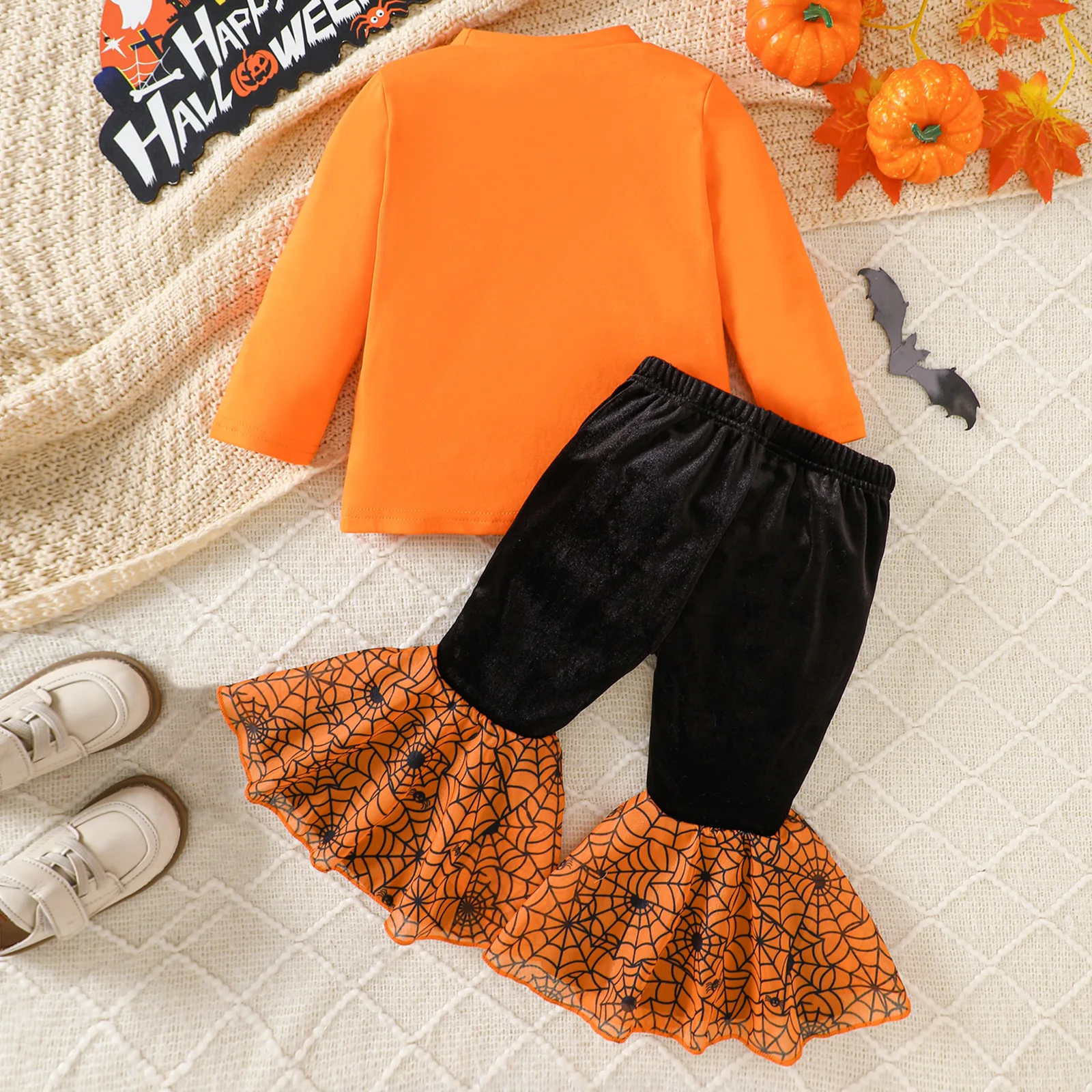 1-3 Years Girls Halloween Party Tops Pumpkin Ghost Skeleton Flared Pants Infant Toddler Carnival Long Sleeve Outfit Set