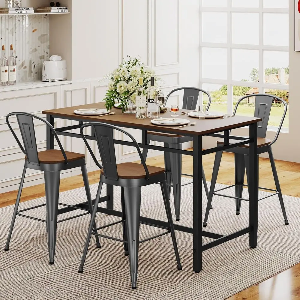 24 Inch Bar Stools Set o 4, Industrial Counter Height Barstools High Back Metal Bar Stools with Large Wood Seat Bar Chairs or Ki - view 5
