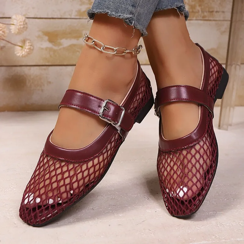 

Mesh Breathable Single Shoes Autumn New Round Toe Shallow Mouth Metal Buckle One Strap Soft Sole Non-slip Low Heel Shoes