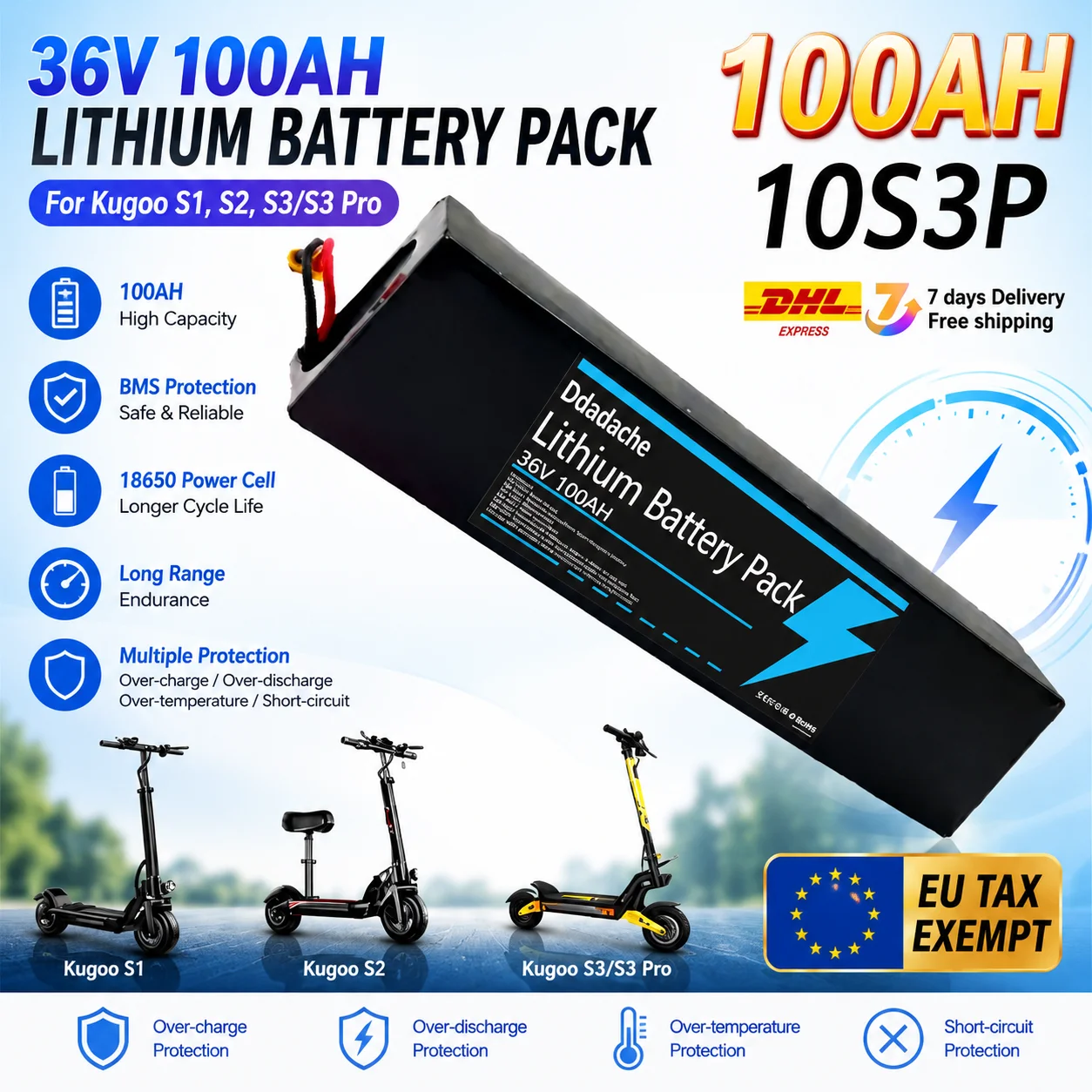 Ersatz-Elektroroller-Akku 10S3P 36V 100000mAh 18650 Li-Ionen-Zelle 500W Eingebautes BMS Leistungsakku Kompatibel mit KUGOO S1 S2 S3 Rollern