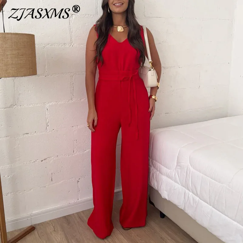 

2026 Spring Casual Solid Office Lady Jumpsuit Sexy V Neck High Waist Lace-up Rompers Summer Sleeveless Women's Overalls Harajuku