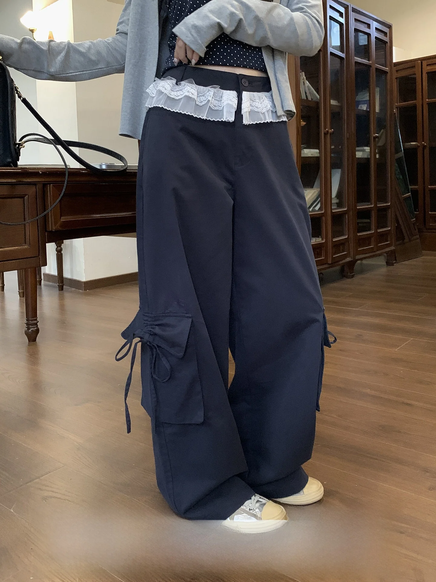 

Свободные широкие брюки-карго для женщин с высокой талией, кружевной отделкой и вставками, повседневные, удобные, из смесового хлопка, прямого кроя