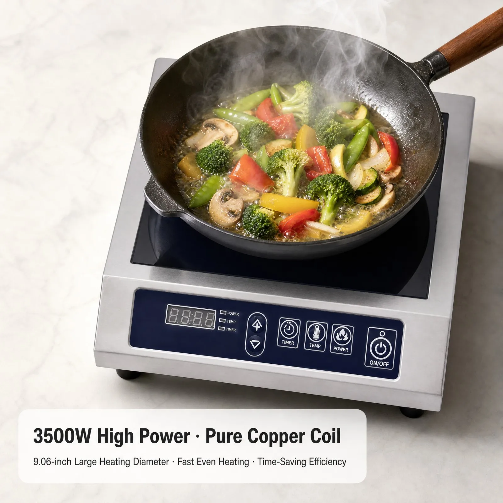 Cuisinière à induction commerciale 3500W en acier inoxydable, plaque chauffante électrique 11,81 pouces, 11 niveaux, 140-572 ℉   Minuteur 24H, capacité de charge 75 kg, pour cuisine de restaurant, maison, camping-car, hôtels, stands de restauration, et cuisson en extérieur