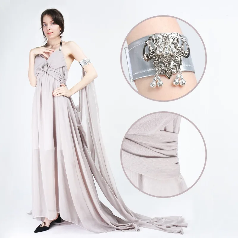 

Movie Daenerys Cosplay Costume Gray Long Dress with Arm Accessories Full Set Role Play Outfit for Women Theme Party