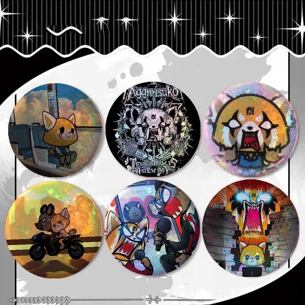 Cute Anime A-Aggretsukos Anime Game Laser Double Flash Tinplate Badge Cartoon Character Pin Brooch Fan Collectible Cosplay Merch