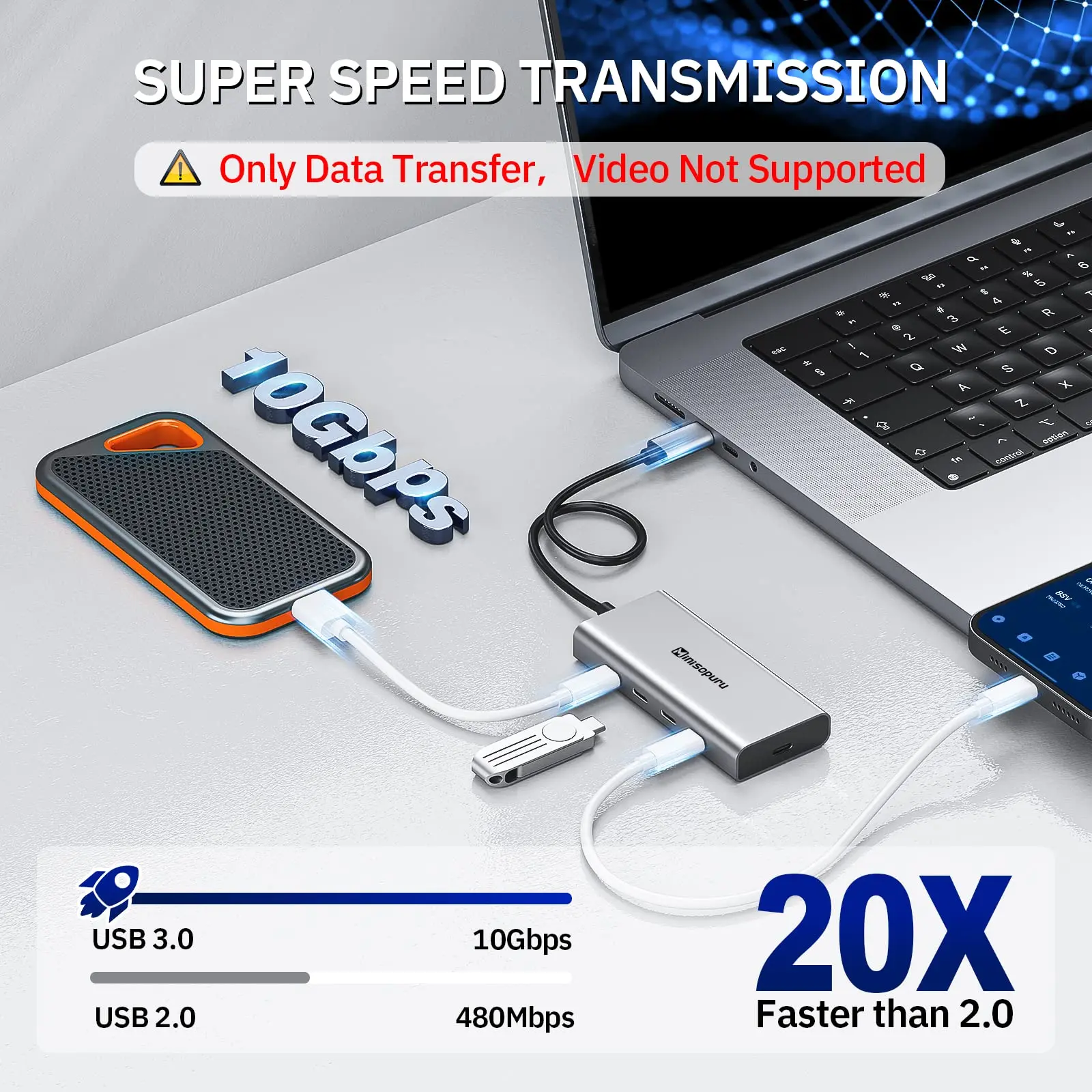 Minisopuru hub usb c hub 5 portas 10 gbps tipo c para USB C 3.2 gen 2 pd 100w adaptador multiporta para macbook pro chromebook imac xps usb 3.0 hub