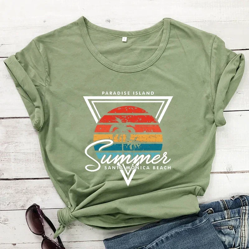 Y2k Short Sleeves T-shirt Women T-Shirt Summer Santa Monica Beach Shirs Beach Sunset Coconut Tree Graphic Tee Summer Trendy Top