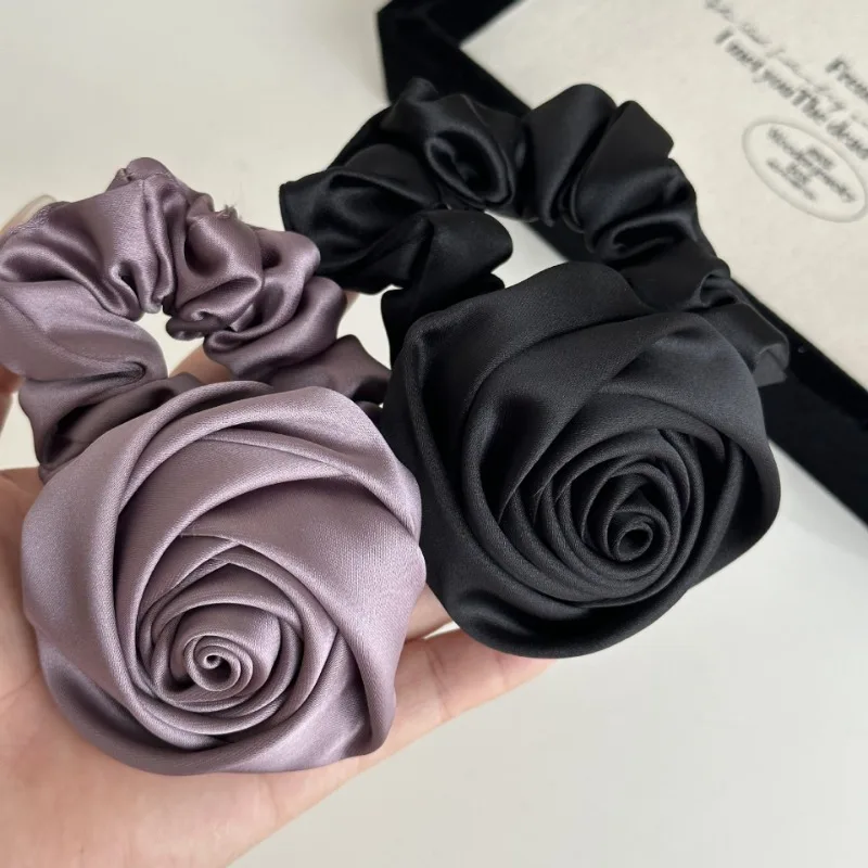 Advanced Retro Elegance French Style Vintage Satin Super Fairy French Rose Large Scrunchie Head Rope Hair Ring Hair Accessories