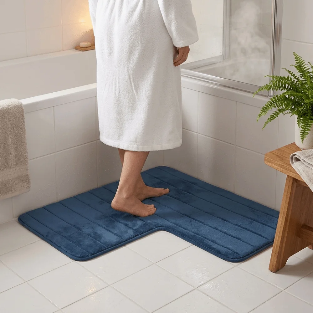 Coral Velvet L-Shaped Bathroom Floor Mat Striped Wear-Resisting Shower Room Mat Right Angle Absorbent Foot Mat Shower Room