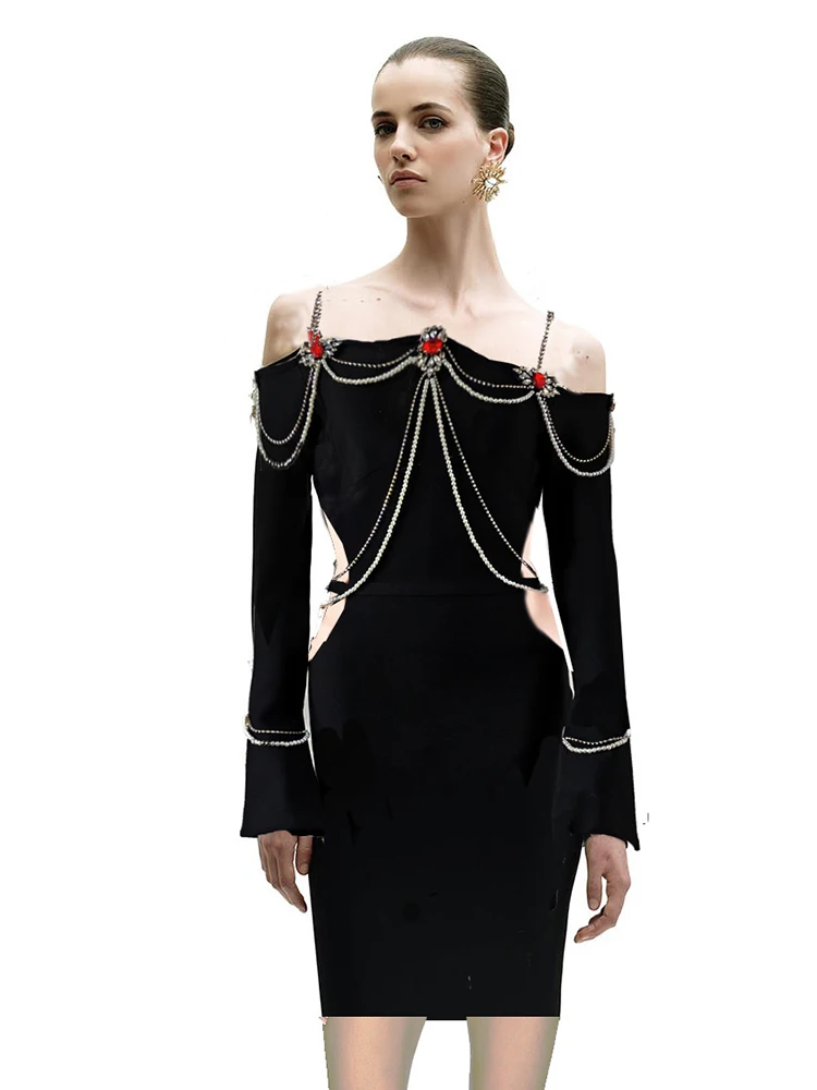 مثير قبالة الكتف الماس سلسلة البسيطة ضمادة فستان المرأة السوداء طويلة الأكمام الجوف خارج Bodycon فساتين السهرة رداء حفلات