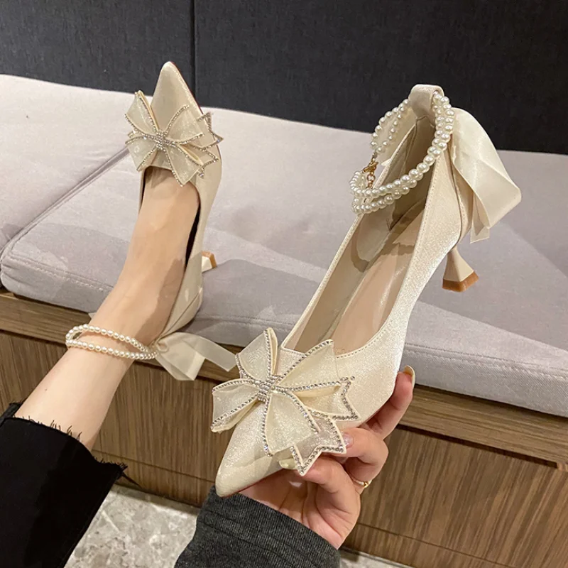 Rimocy Crystal Bow High Heels Shoes Women Pointed Toe Pearl Ankle Strap Pumps Woman Fashion Silk Thin Heels Party Shoes Female