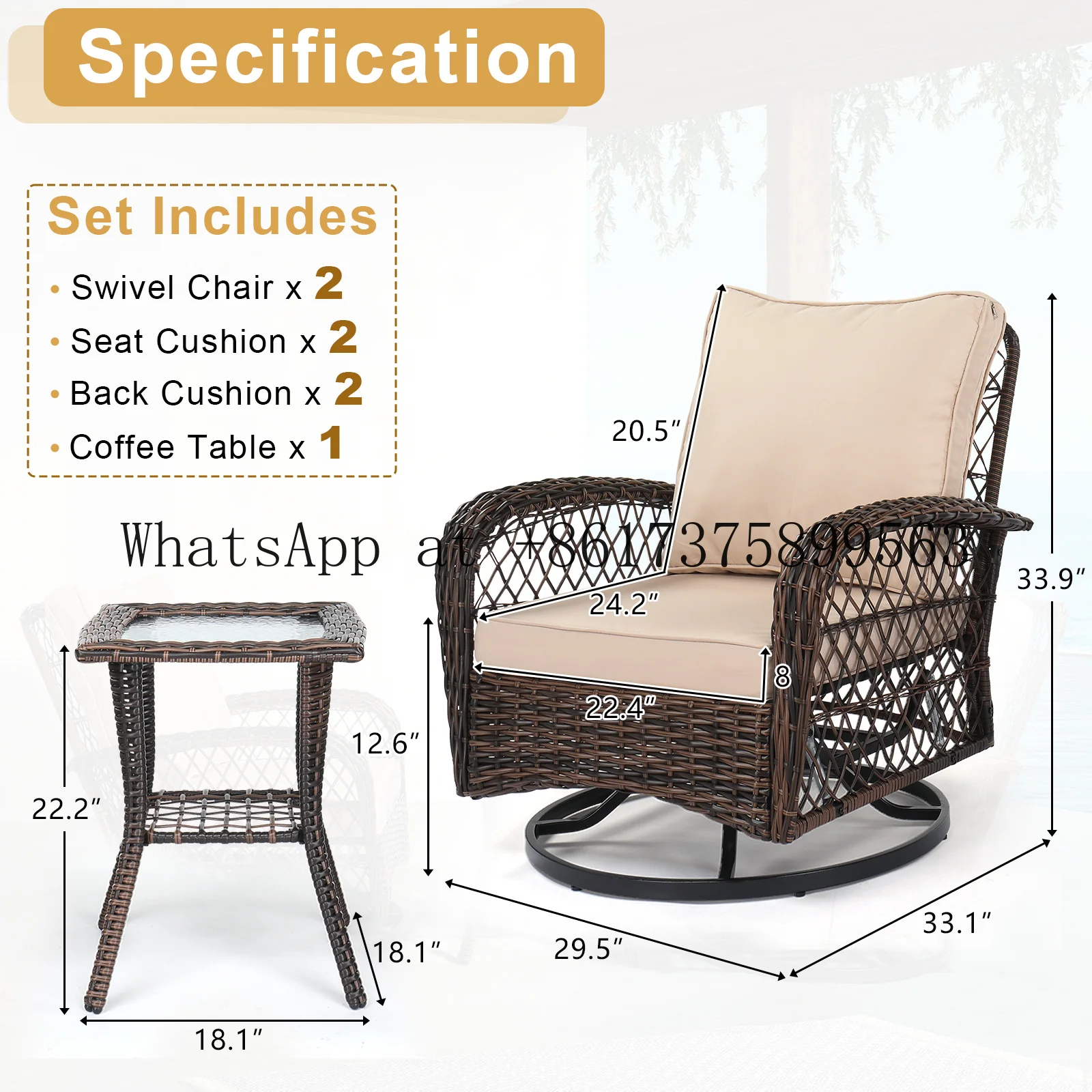 Wicker Patio Bistro Brown Gradient Rattan 3 Pieces Patio Furniture Set Outdoor Swivel Gliders Rocker