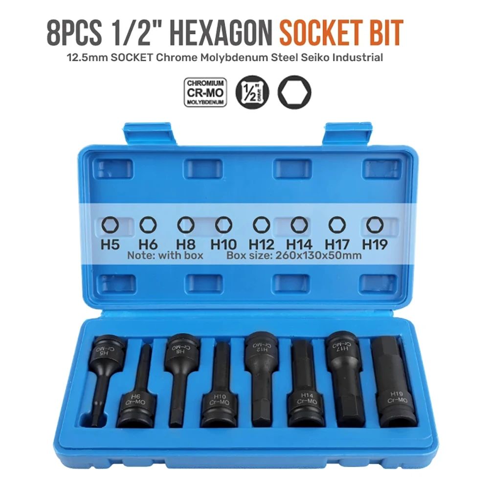 8 pçs 1/2 "hexágono soquete bit impacto allen chave conjunto de ferramentas h5 para h19 chave de fenda bits para chave sextavada elétrica