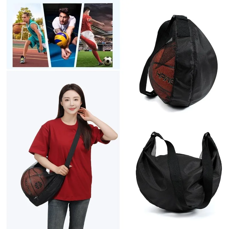 Fits Size 7 Durable Anti-Tear Mesh Single Ball Bag Basketball Soccer Volleyball Crossbody Carrier With Adjustable Strap & Zipper