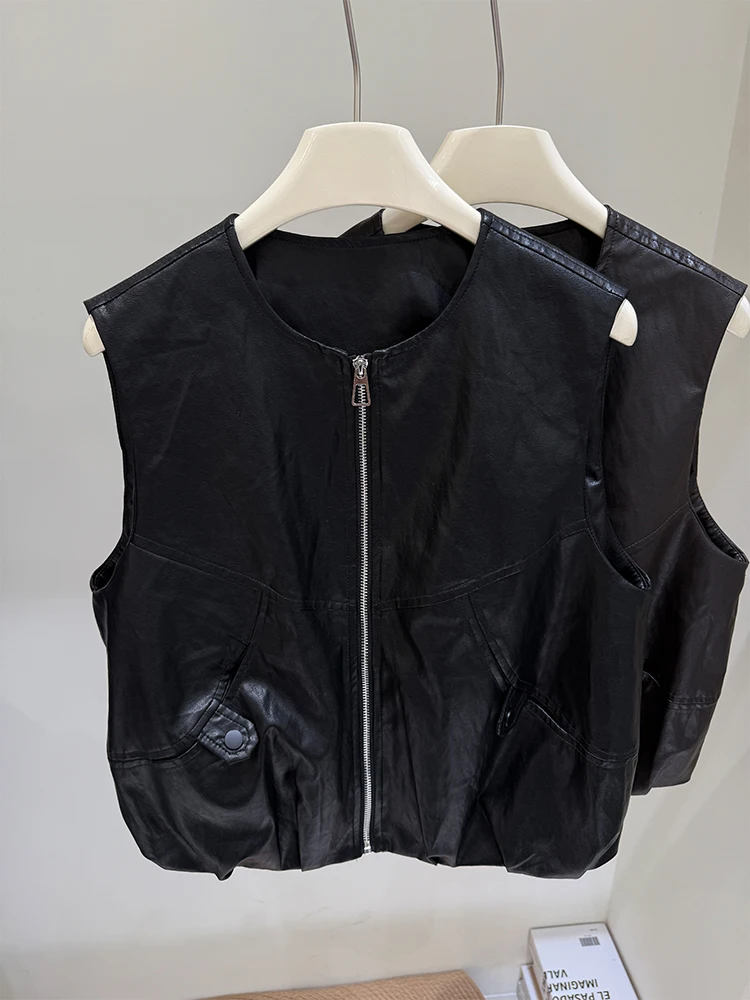 Cerniera dimagrante Faionable rotonda Ne Svel Gilet in pelle Canotta ampia da donna Capispalla Pendolarismo Sle Lunghezza regolare