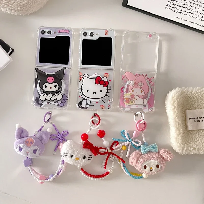 Sanrio Hello Kitty Kuromi Melody Magnetic Holder Magsafe Wireless Charge Phone Case For Samsung Galaxy Z Flip 5 4 3 Hard Cover