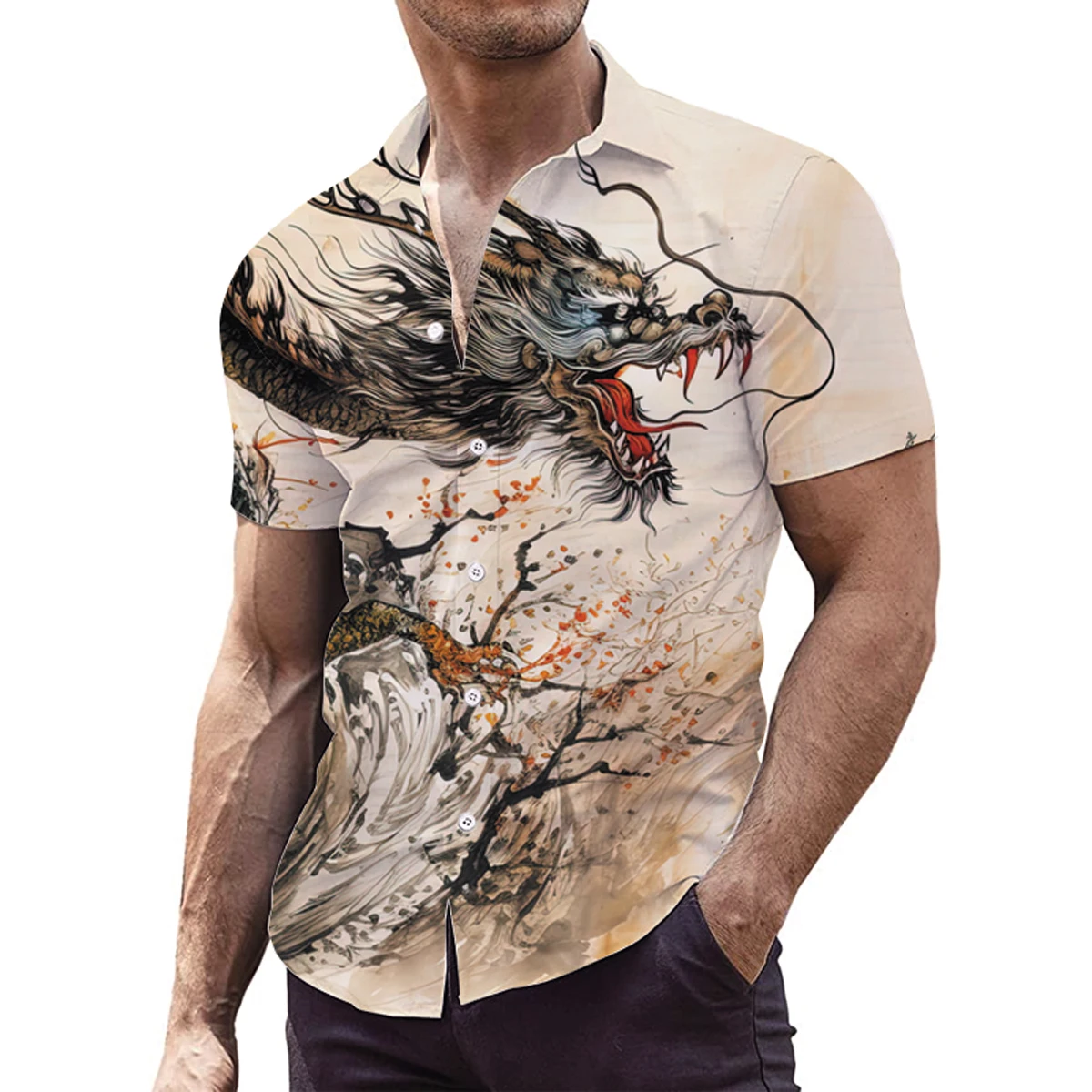 

Мужская весенне-летняя модная рубашка с короткими рукавами и принтом дракона, мужской повседневный кардиган с лацканами, тонкая рубашка с принтом.