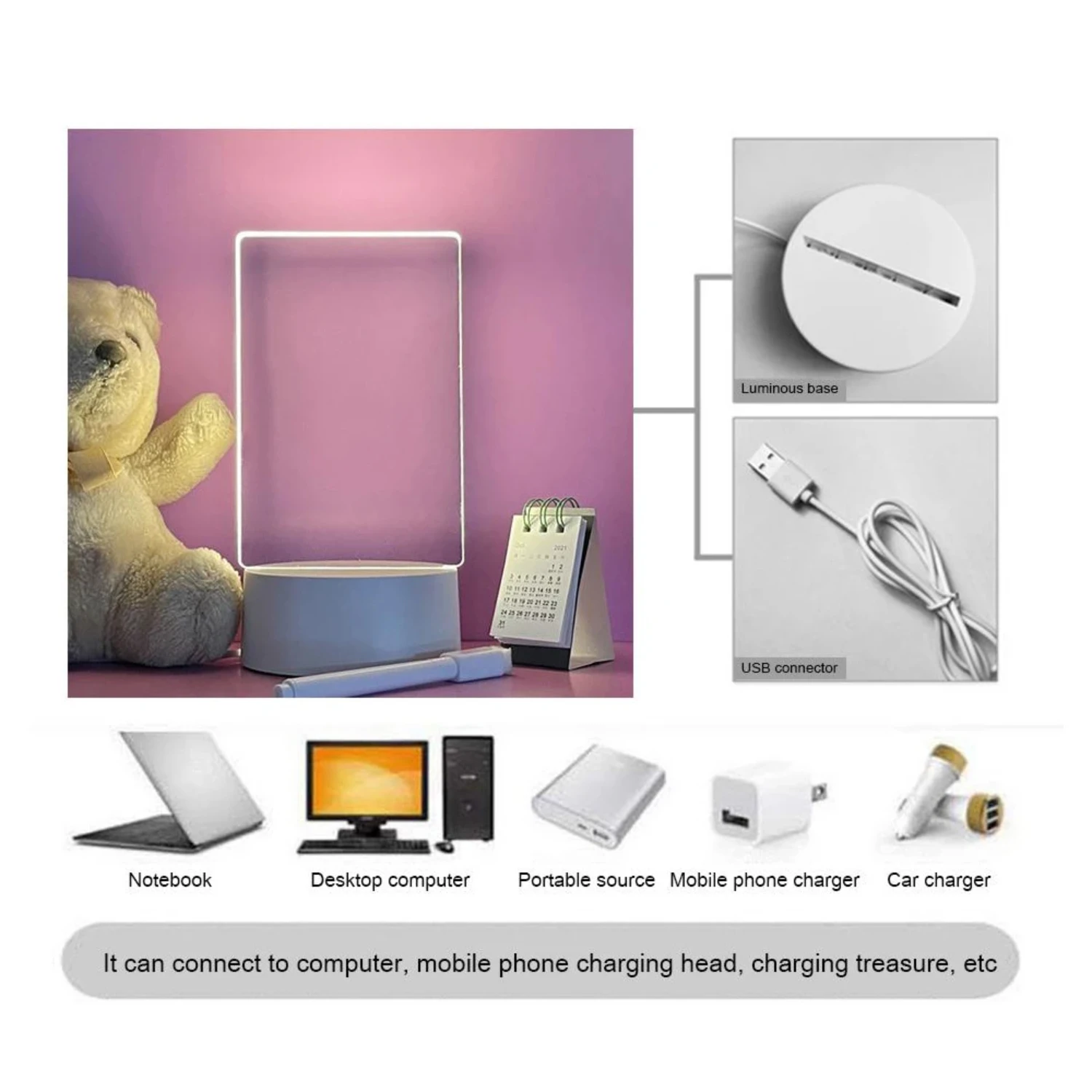 Transparente Luminous LED Night Lights, USB Night Light, Erasable Message Board, Calendário Desktop Ornamento, Acrílico, Novo