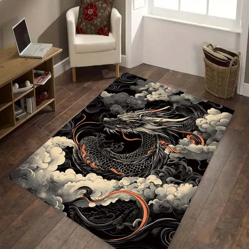 

Large Black Dragon Swirl Cloud Print Non-Slip Area Rug - Stylish Polyester Carpet for Bathroom, Yoga, Bedroom, Living Room, Dorm
