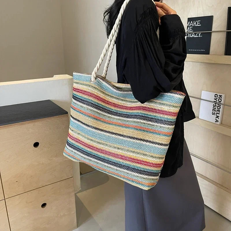 Casual Tote Bags for Women Bolsas Femininas Rainbow Colors Individuality High Capacity Straw Shoulder Bags