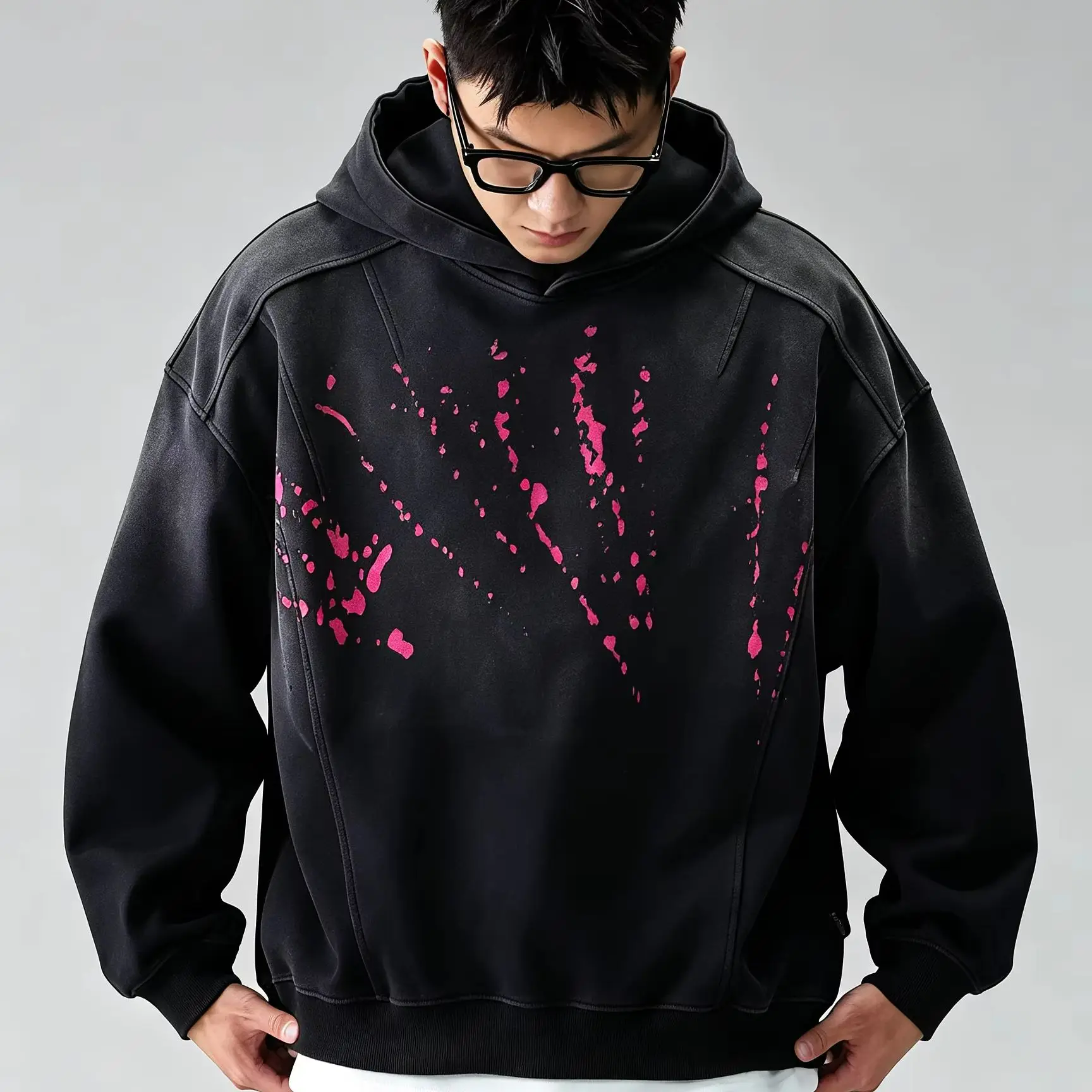 Vintage Gradient Washed Hoodie Splash Ink Print Deconstructed Seam Loose Pullover For Men Women