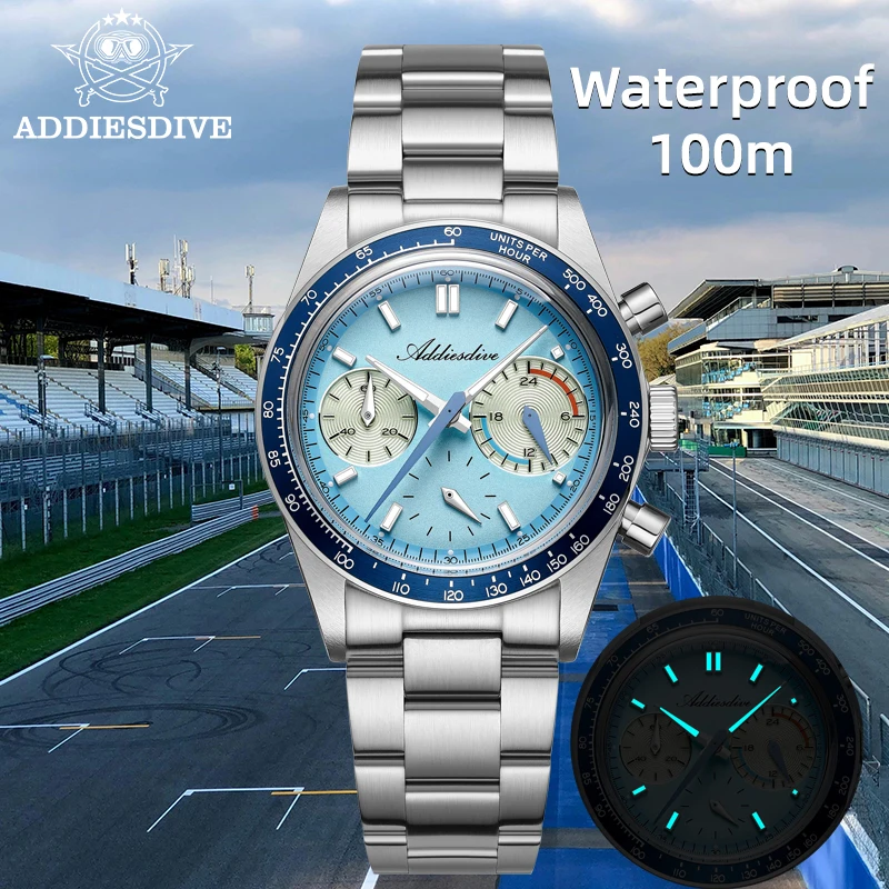 ADDIESDIVE Męski Zegarek Kwarcowy Chronograf VK63 Stalowy Styl Wyścigowy Luminescencyjny Wodoodporny 100M Sportowy Zegarek na Rękę Stal Nierdzewna Ban