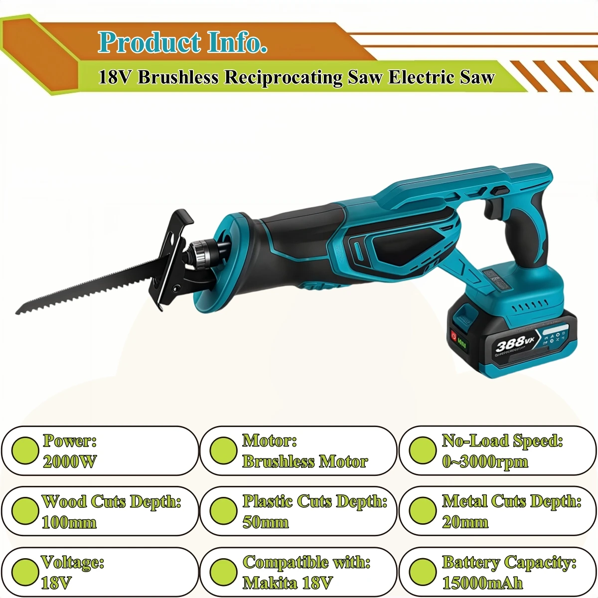 Cordless 3000W Brushless Reciprocating Saw W/ 4PCS Blade Handsaw Saber Multifunction Metal Wood Pipe Cutting Tool For Makita 18V