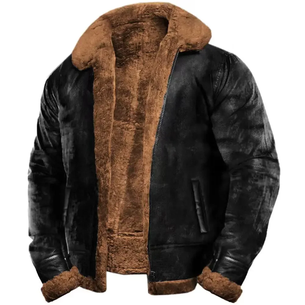 Winter Men\'s Faux Fur Jackets Fleece Warm Turn Down Collar Casual Plush Coat Men Thick Solid Long Sleeve Fur Outwear Coats Man