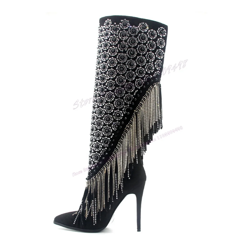 Black Crystal Tassel Knee High Boots Pointed Toe Shoes for Women Stilettos High Heels Sexy Lady Shoes 2023 Zapatos Para Mujere