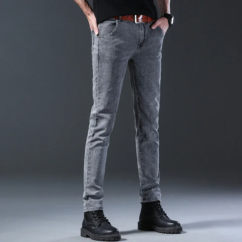 TPJB New Style Men's Slim Fit Jeans Korean Style Comfortable Straight Leg Elastic Gray Mid Waist Pants, Men's Casual Denim Pants