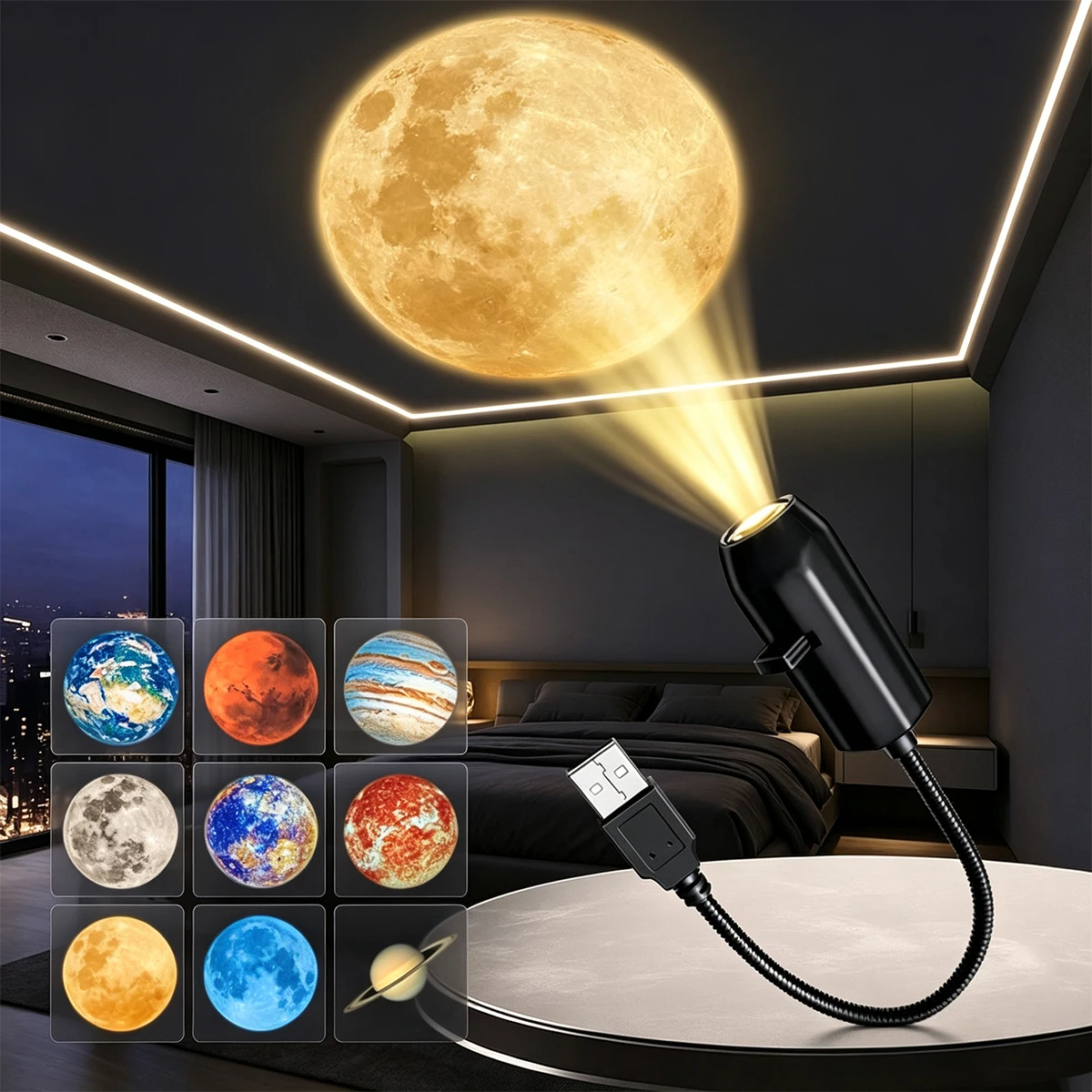 USB Planet Projector Lamp Moon Earth Wall Ceiling Decor Switchable Pattern Projection Atmosphere Lamp for Romantic Bedroom Decor