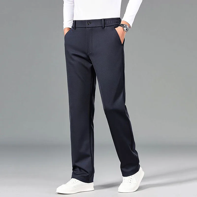 Winter Thicken Solid Elastic Waist Casual Pants Office Business Fashion Formal Men High Waist Anti-Wrinkle Straight Trousers
