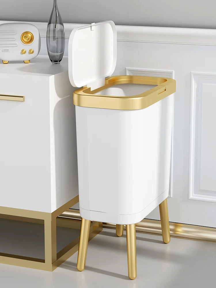 Luxury Golden Trash Can Creative Quadruped High-foot Push-type Plastic Narrow Garbage Bin with Lid for Home Kitchen Bathroom 15L