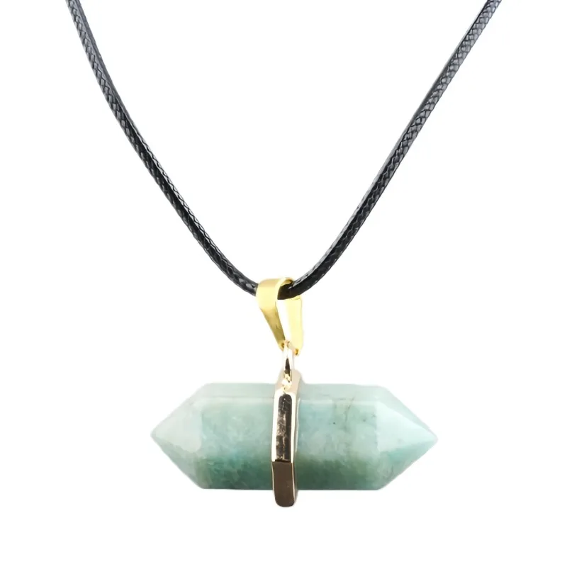 

Amazonalite Gemstone Double Terminated Hexagonal Crystal Necklace with 45CM Leather Cord Ready to Wear Pendant Jewelry
