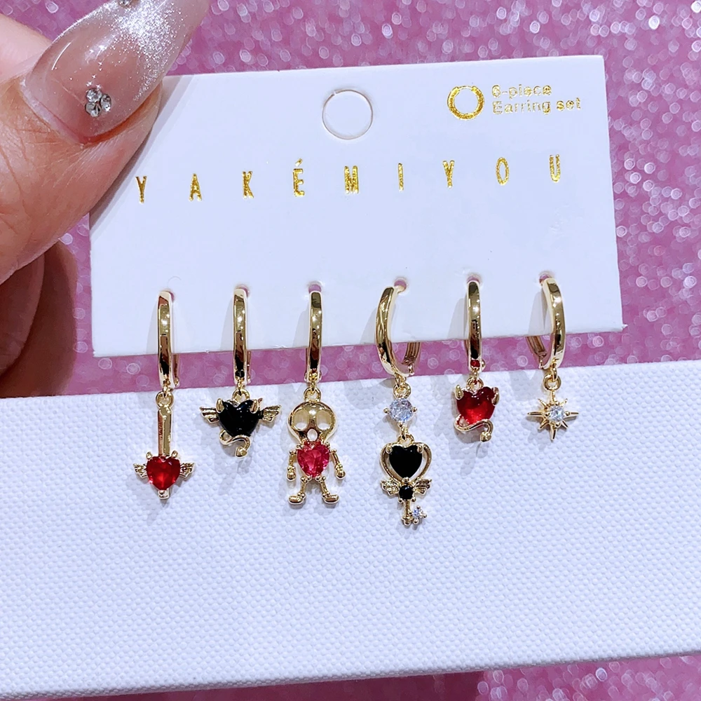MIGGA 6pcs Gothic Style Huggie Earrings Set Gold Plated Black Red Heart Drop Dangle Earrings for Women
